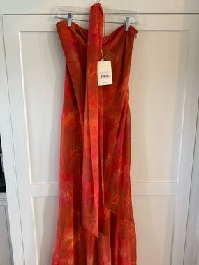 Strapless Coral/Orange Floral Evening Dress